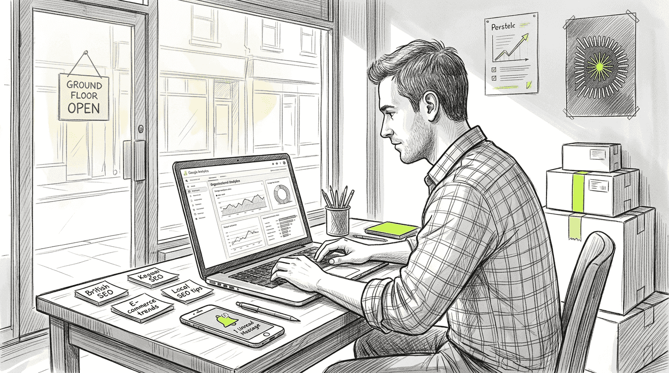 Small business owner checks SEO analytics at desk