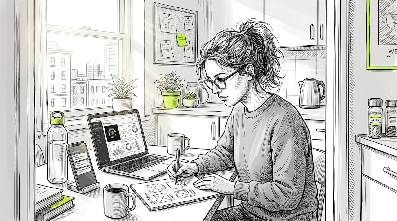 Entrepreneur sketching designs at kitchen table