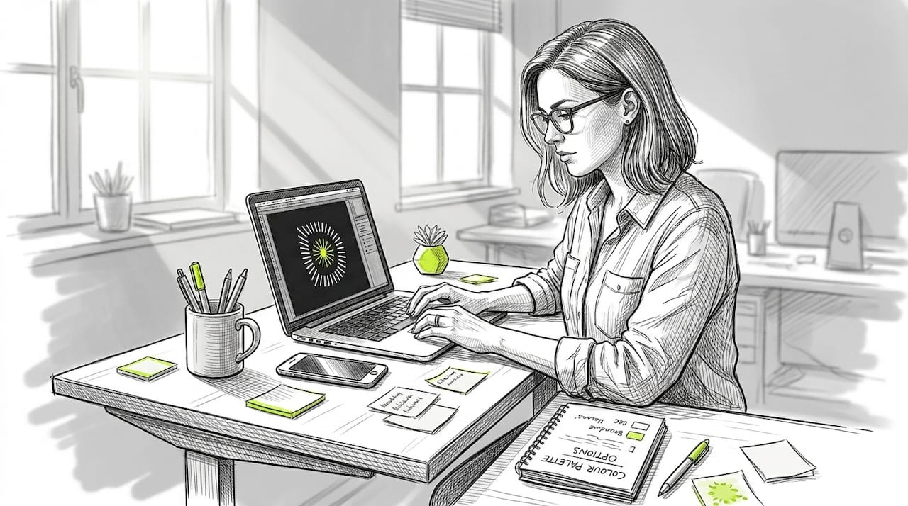 Business owner reviewing branding on laptop