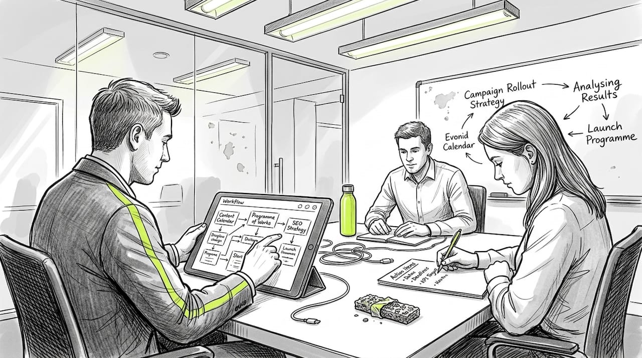 Team planning digital marketing workflow in meeting room