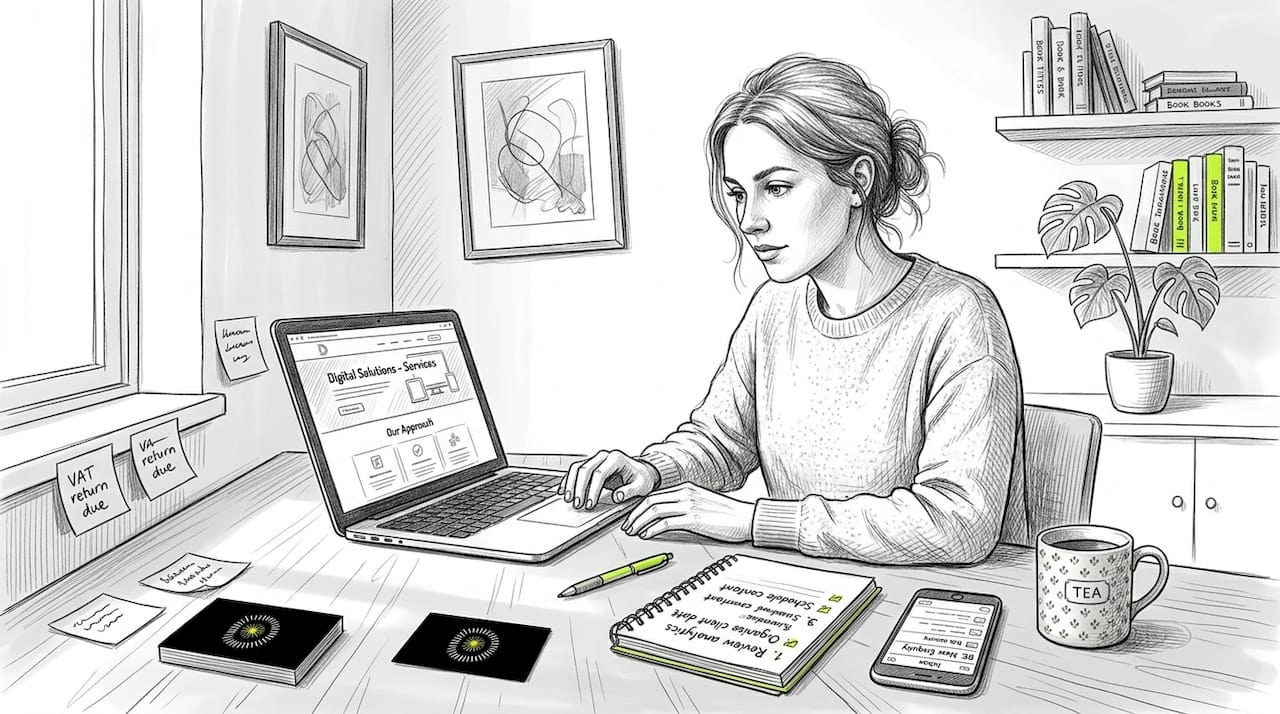 Small business owner optimizing website at desk